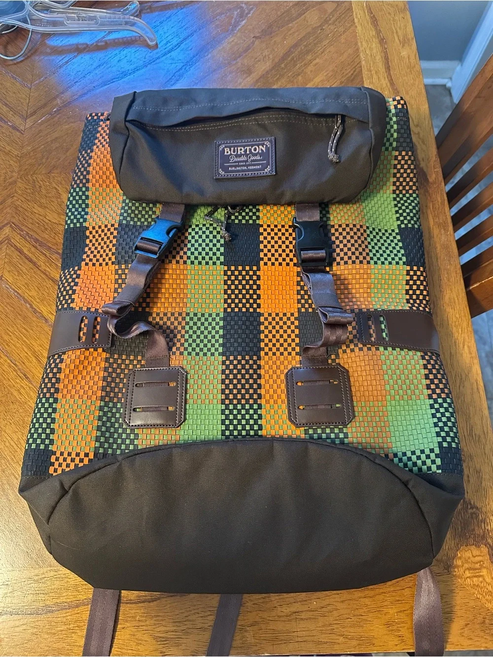 Burton Checker Roll-Top Backpack in Green, Orange & Black